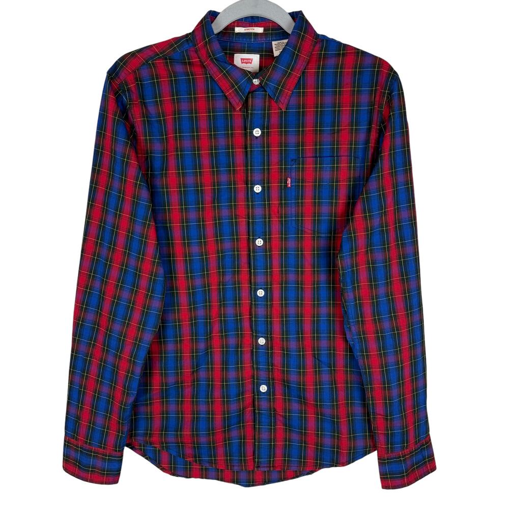 Levi's Shirt Men's S Blue Red Plaid Cotton‎ Stretch Round Hem Casual Button-Up